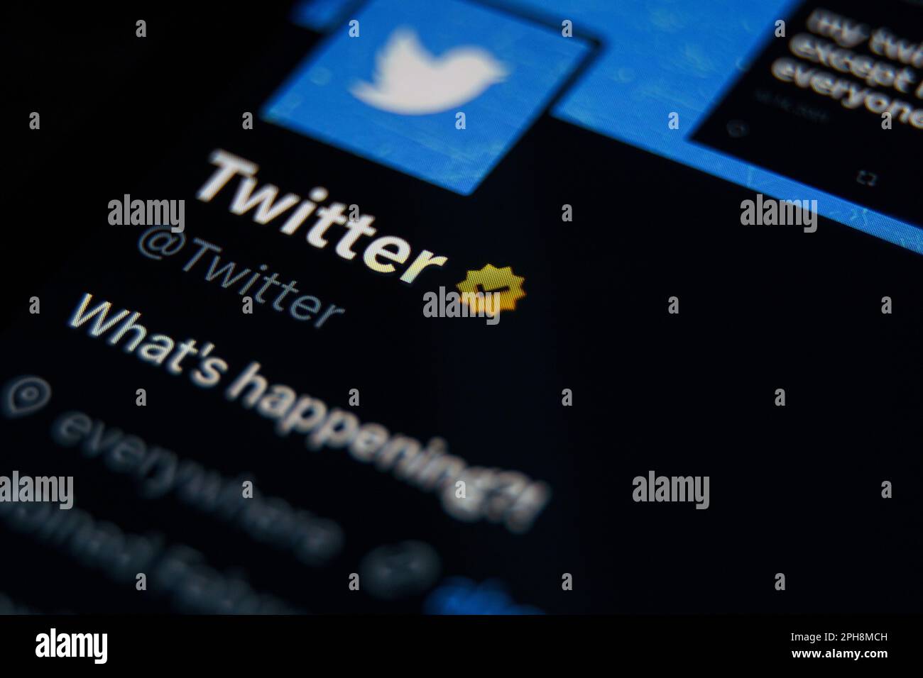 Kaunas, Litauen - 2023. März 27: Nahaufnahme eines twitter-Kontos bei twitter. Blaues Häkchen für Symbol „überprüft“ Stockfoto