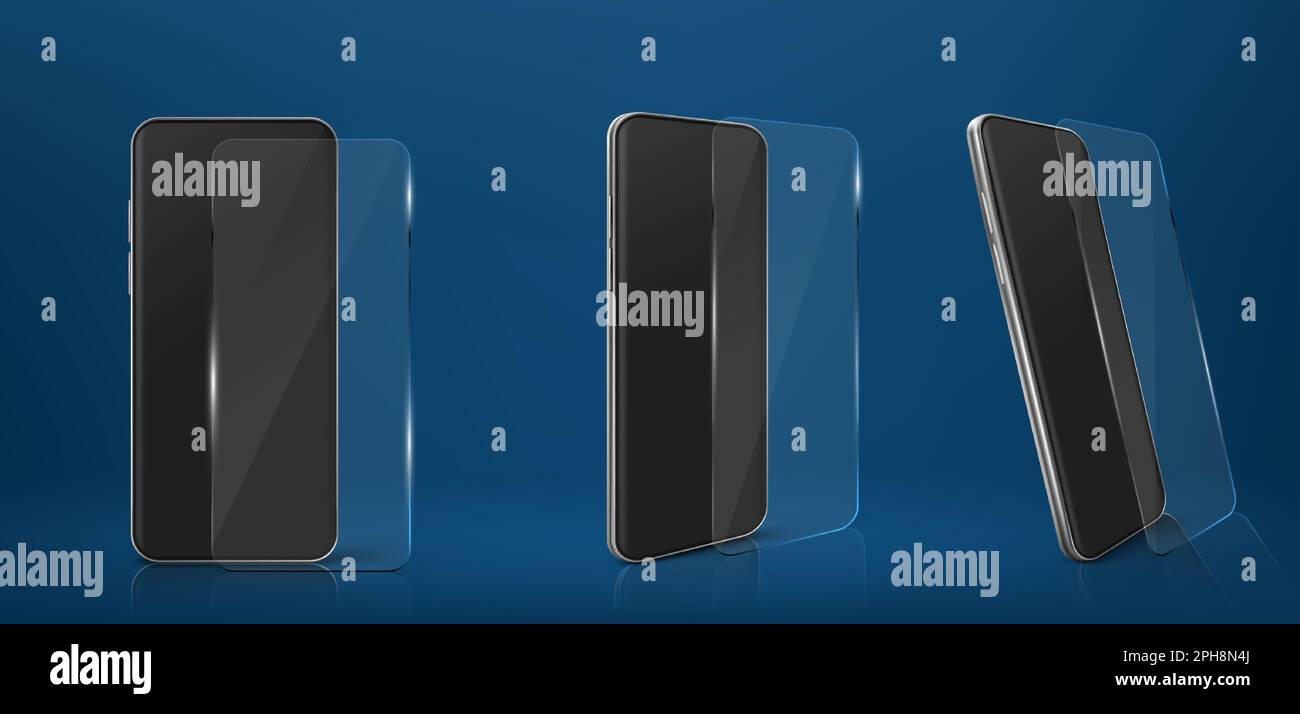 Smartphone mit Bildschirmschutz aus Glas, Mobiltelefon mit transparenter Kunststofffolie gegen Beschädigung und Kratzer, Abdeckung für Telefon, Abschirmung zum Display, realistische 3D-Vektordarstellung Stock Vektor