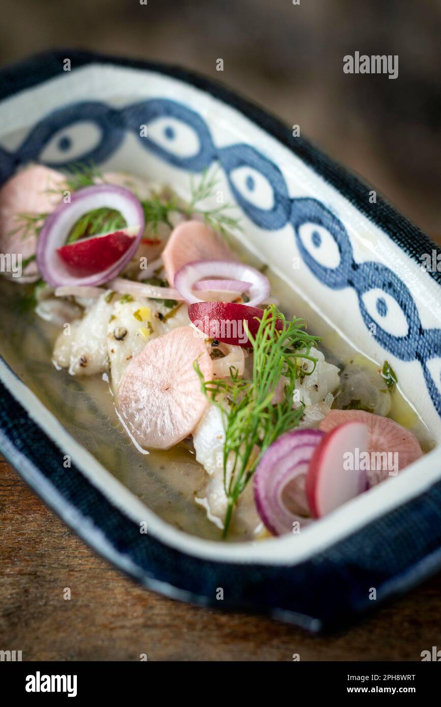 Ceviche marinierter roher Fischsalat mit Gemüse Stockfoto