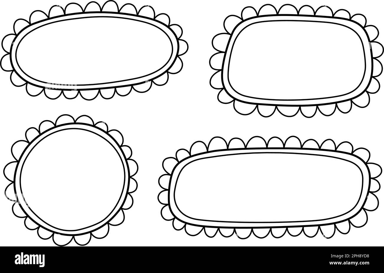 Doodle Circle und quadratische Muschelrahmen. Handgezeichnete Rechteck- und Ellipsenformen mit ausgekrümmten Kanten. Einfaches Etikettenformular. Rahmen aus Blumenspitze Stock Vektor