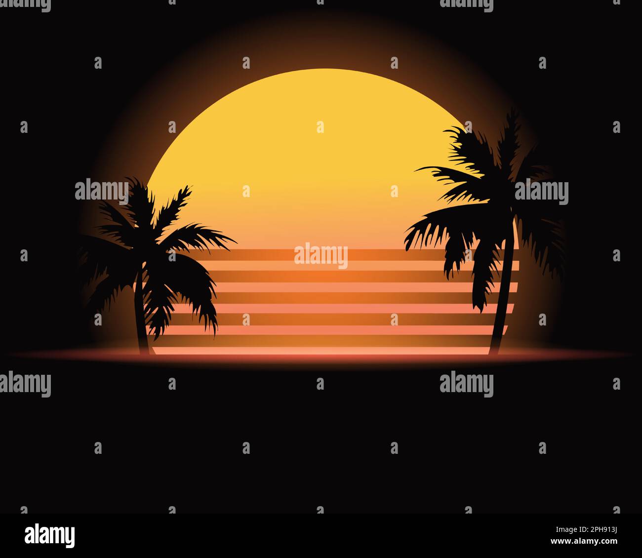 Tropischer Sonnenuntergang im Retro-Stil mit Palmensilhouette und abgestuftem dunklem Hintergrund. Klassisches 80s-Design Stock Vektor