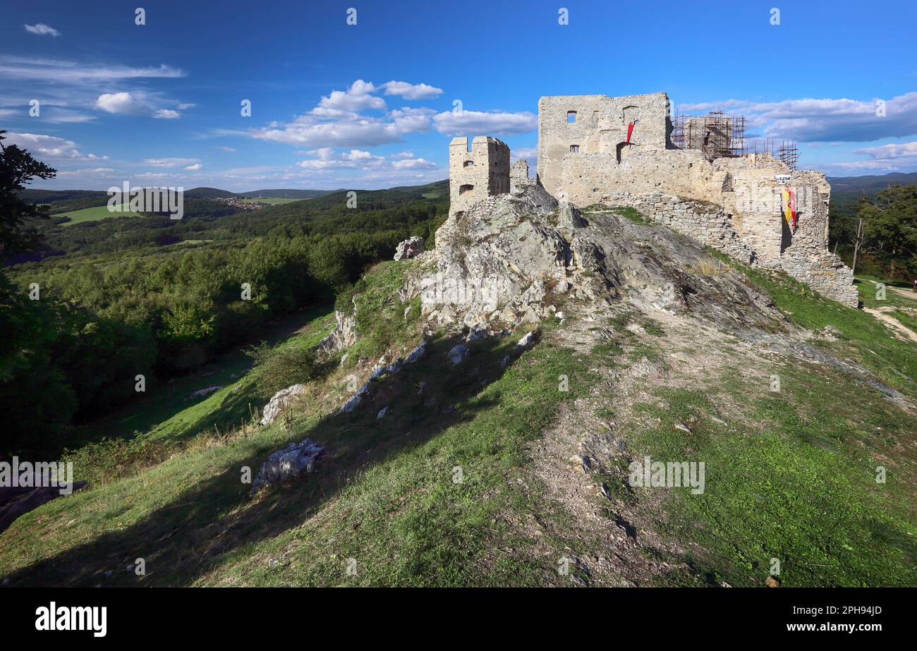 Grüne Landschaft mit Schloss Hrusov in der Slowakei Stockfoto