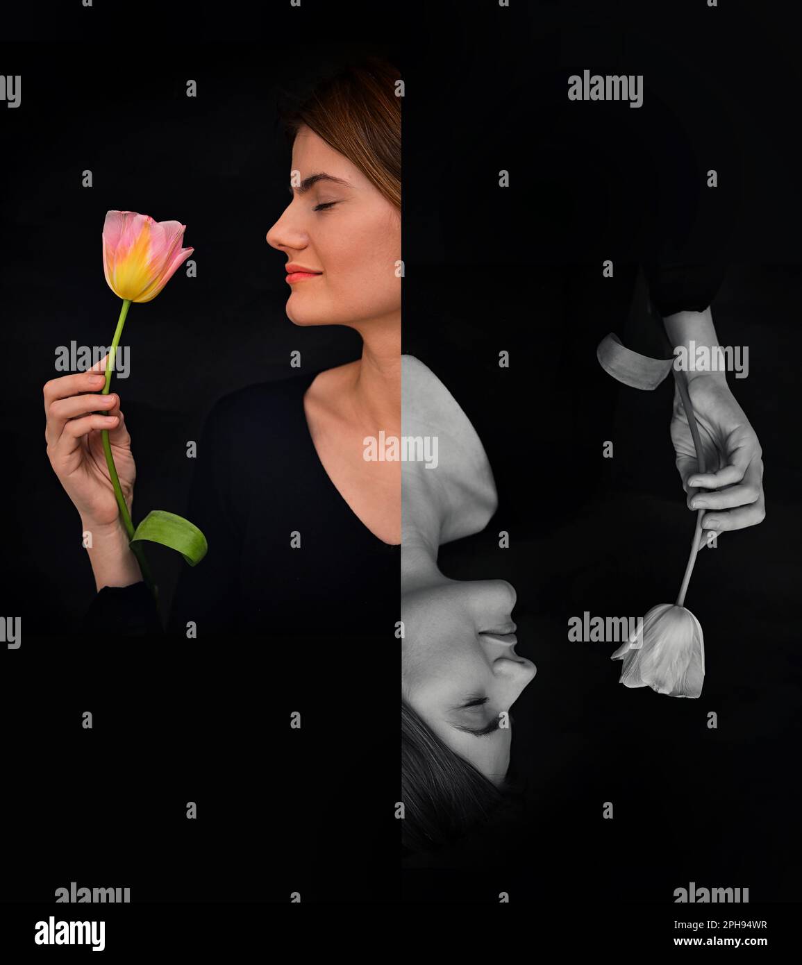 Abstrakt Die Frühlings-Tagundnachtgleiche. Frauenporträt Verkehrt Herum Stockfoto