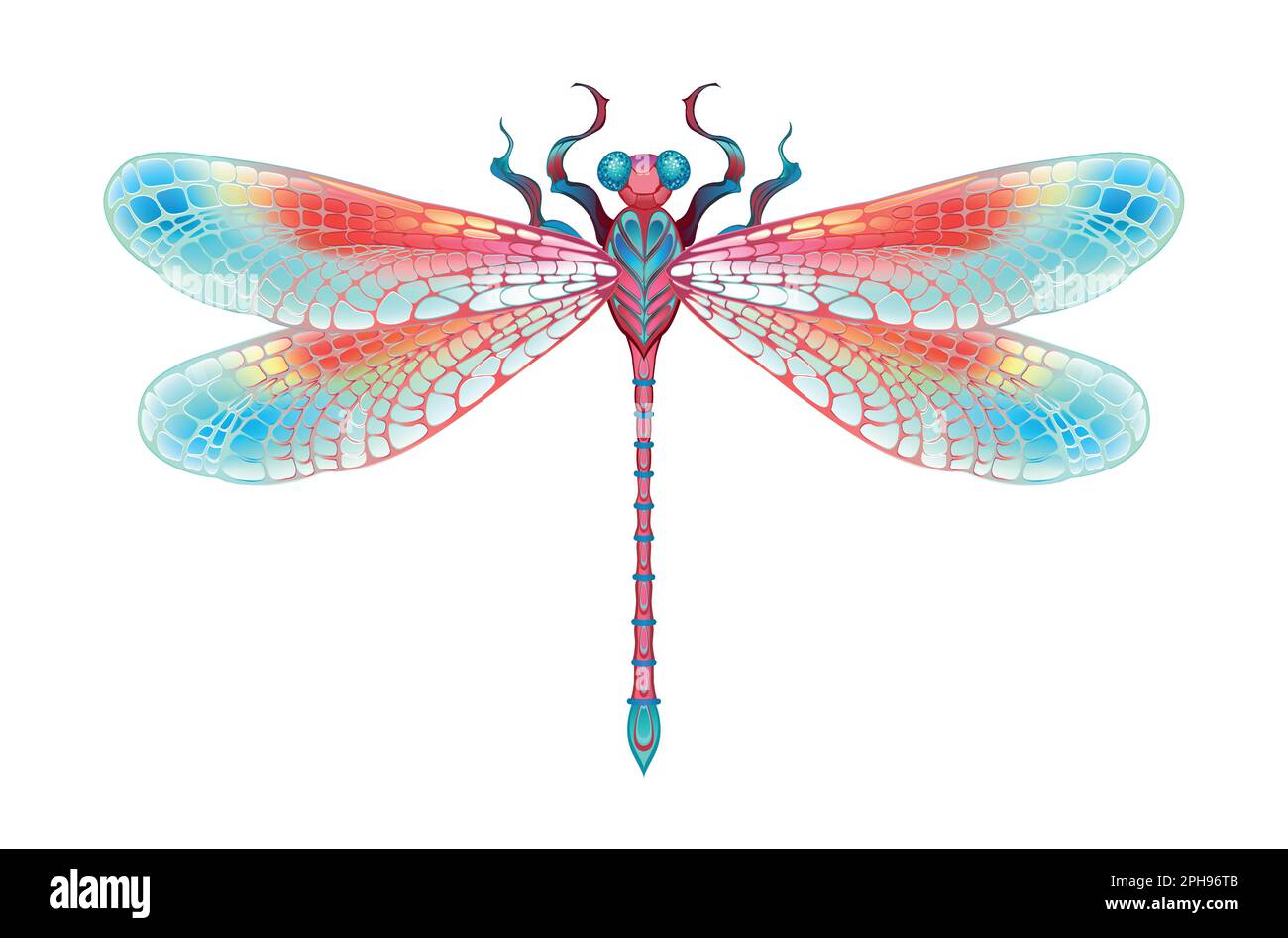 Rot, realistisch, symmetrisch, künstlerisch gezeichnet, in leuchtenden Farben mit strukturierten, detaillierten Flügeln auf weißem Hintergrund. Leuchtende Libelle. Stock Vektor