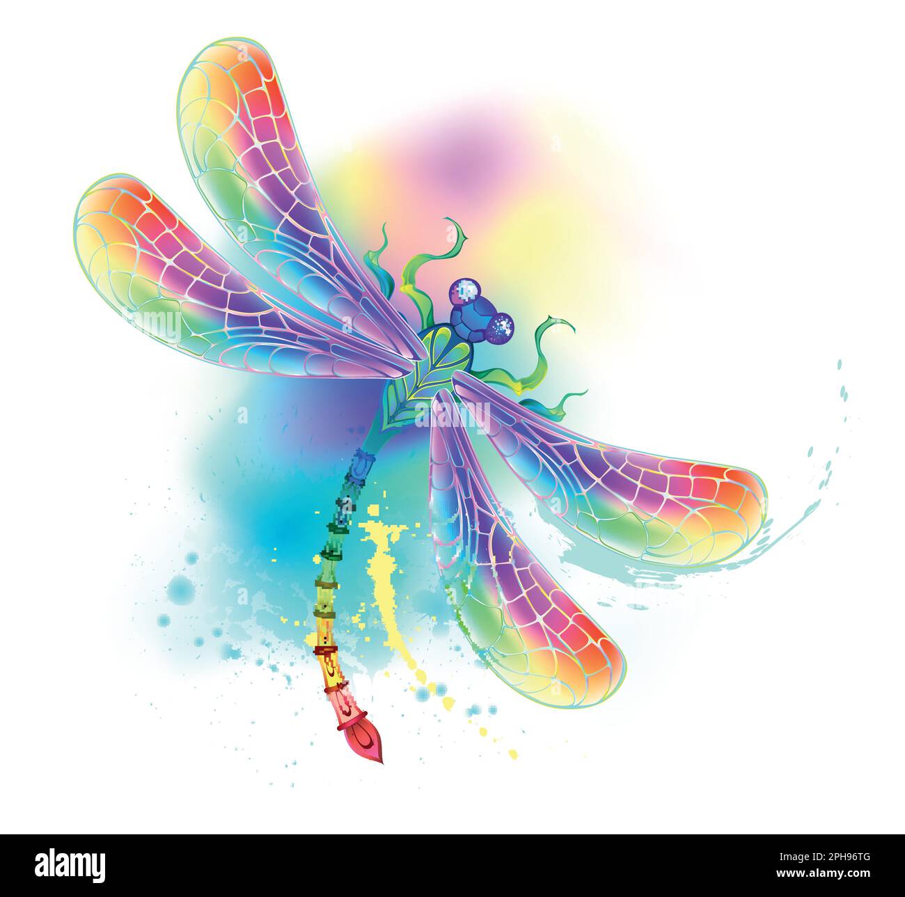 Regenbogen, gemustert, fliegend, künstlerisch gezeichnet, in leuchtenden Farben mit strukturierten schillernden Flügeln auf weißem Hintergrund, übermalt mit Wat-Spritzer Stock Vektor