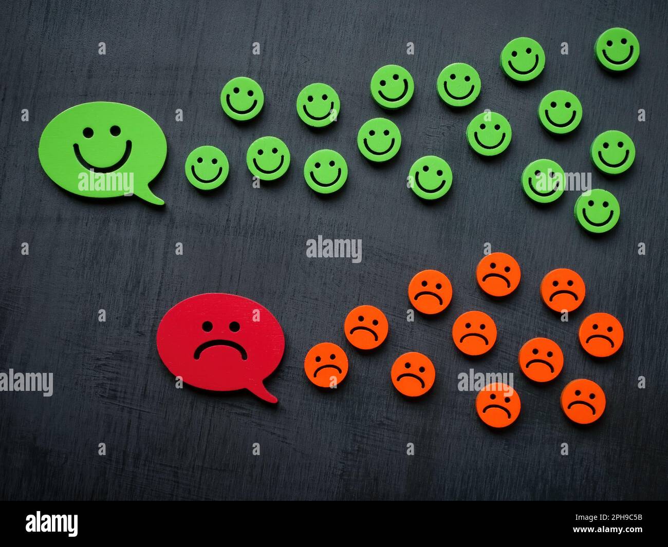 Konzept positiver und negativer Gedanken. Glückliche und unglückliche Emoticons. Stockfoto