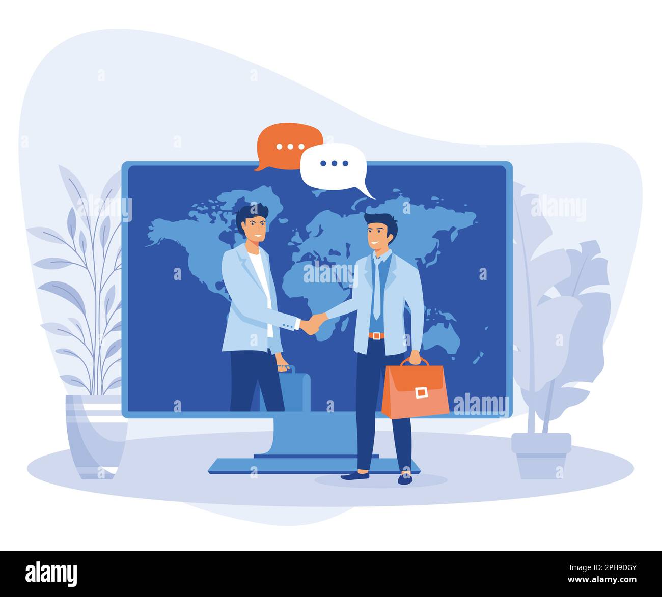 Online-Abschluss der Transaktion. Das Öffnen eines neuen Starts. Business-Handschlag, per Telefon und Laptop, flacher Vektor, moderne Illustration Stock Vektor