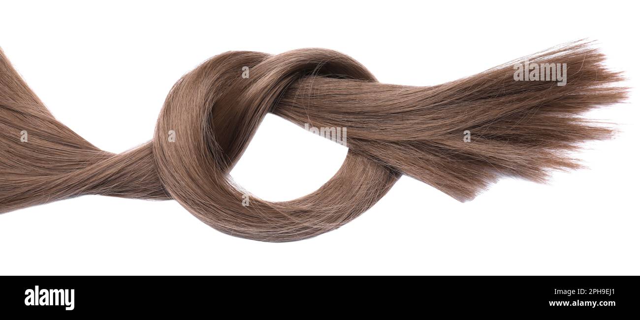 Wunderschöne, dunkelblonde Haarsträhne mit Knoten auf weißem Hintergrund, Draufsicht Stockfoto