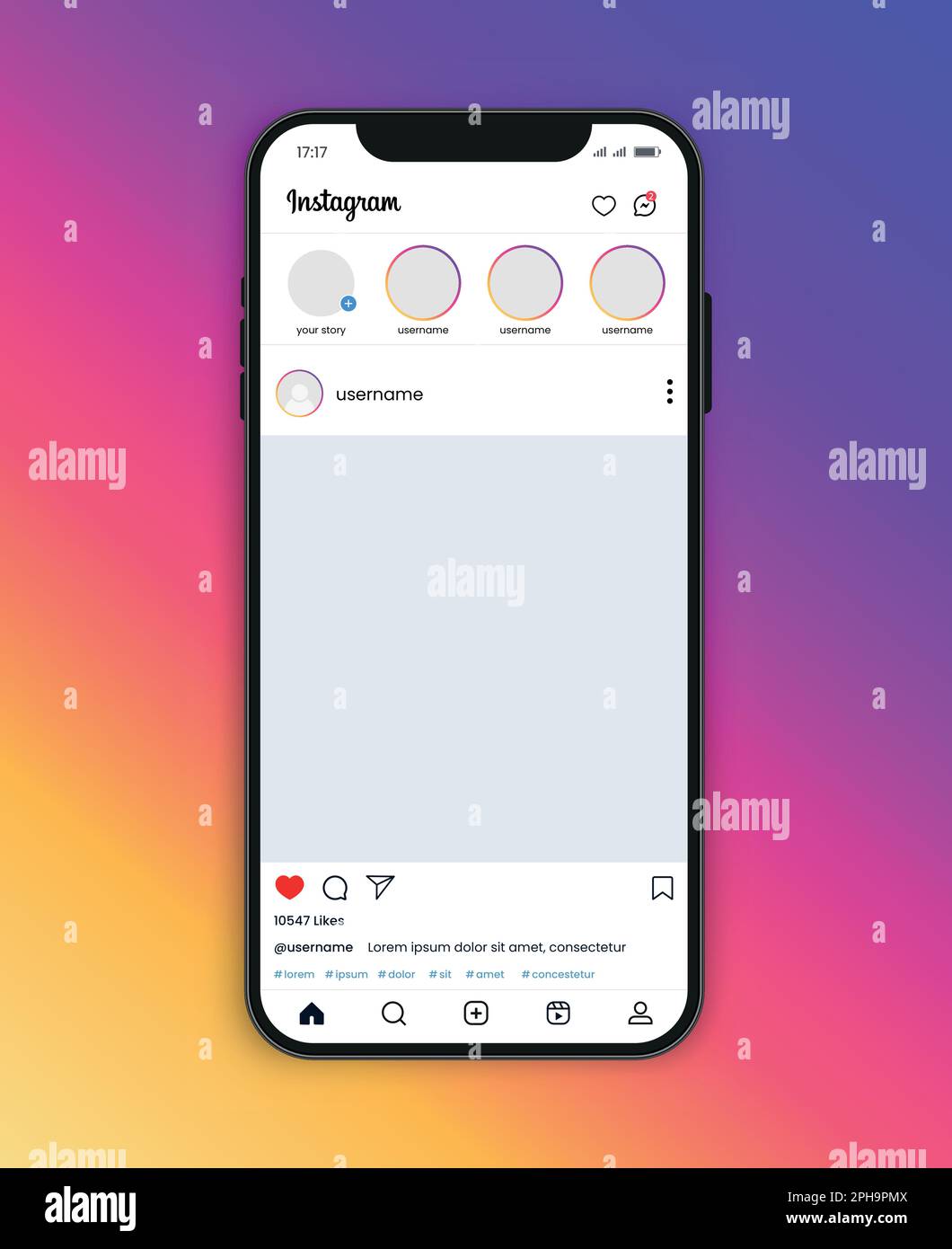 Instagram-Startseite mit Smartphone, Vektormodell Stock Vektor