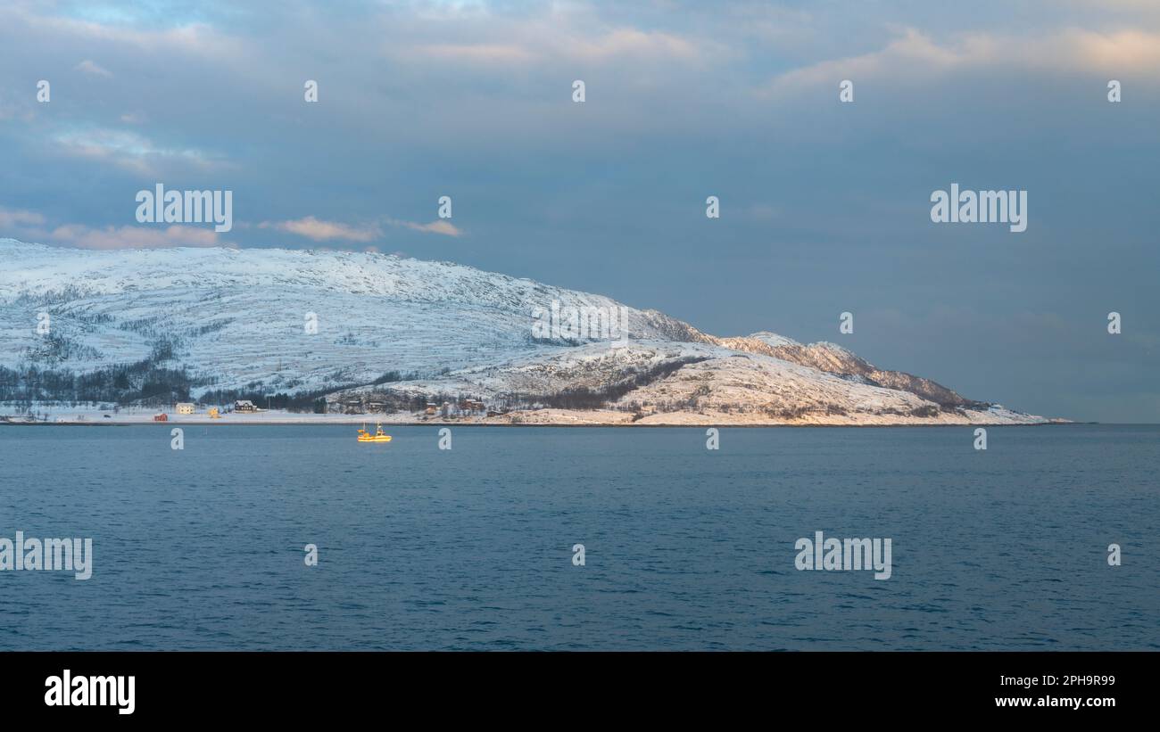 Am frühen Morgen fährt ein Schiff auf dem Nordatlantik zum Fischen oder Transportieren zwischen den Inseln Kvaløya und Senja, Norwegen, bei Sommarøy Stockfoto