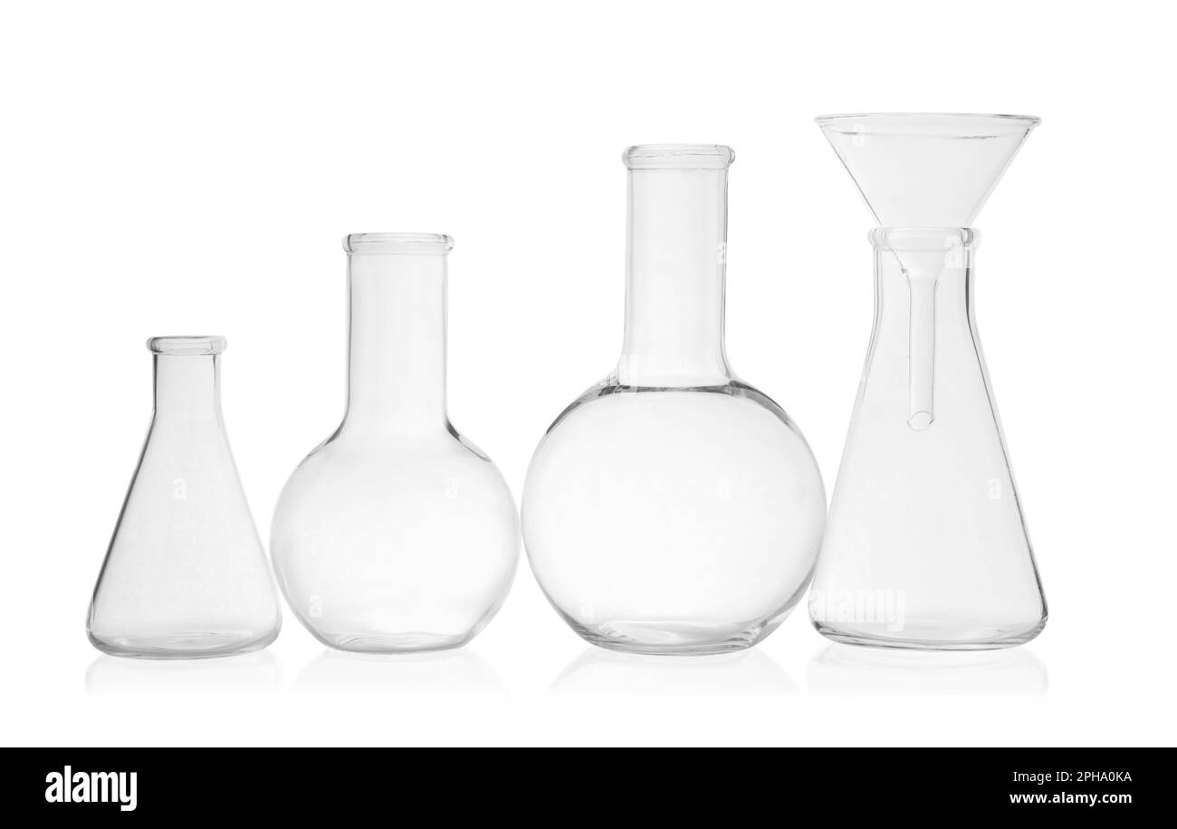 Set Laborglas auf weißem Hintergrund Stockfoto