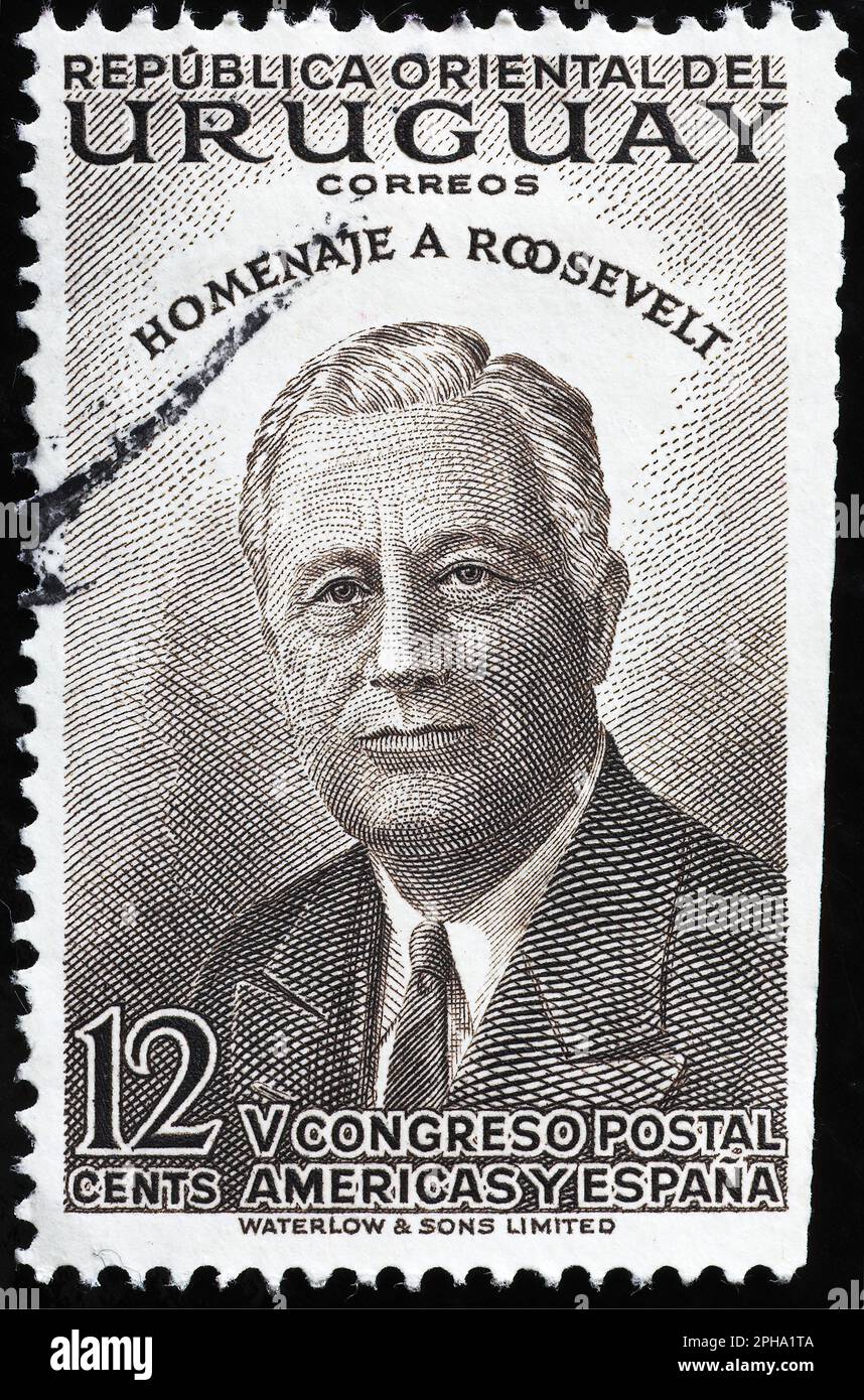 Wunderschönes Porträt von Franklin D. Roosevelt auf einer alten Briefmarke aus Uruguay Stockfoto