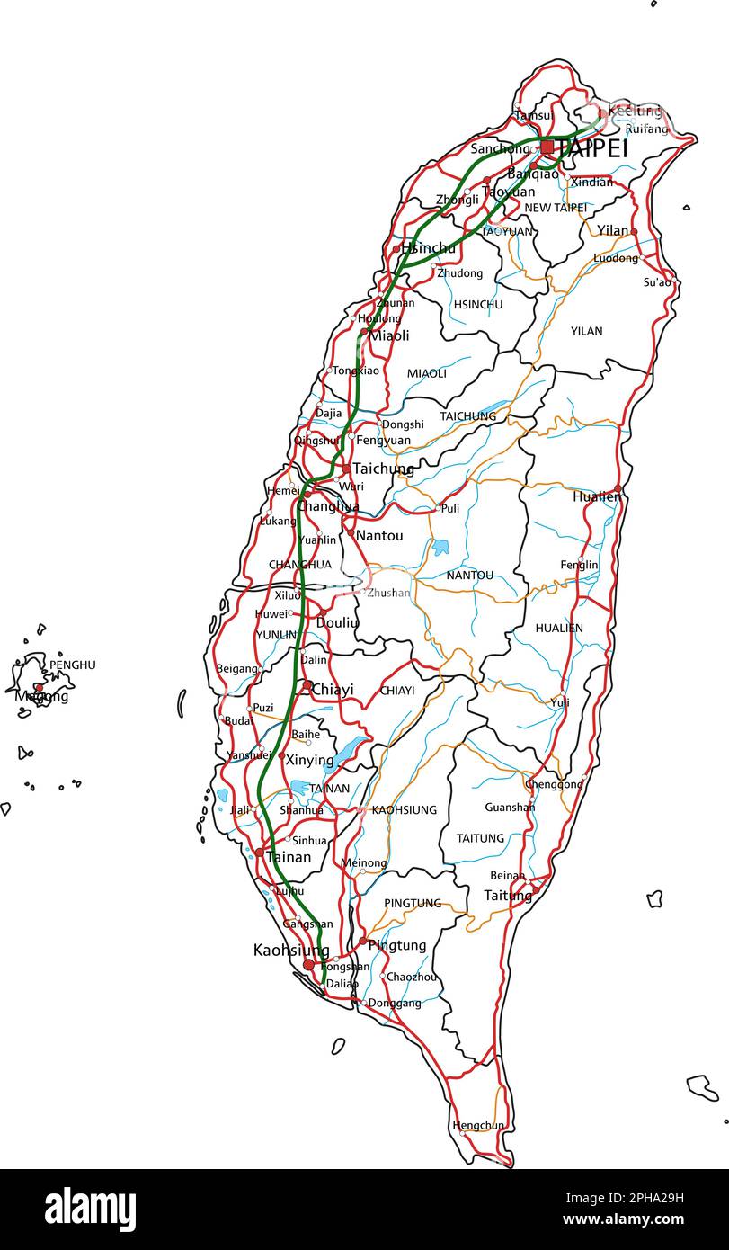 Straßenkarte und Highway-Karte für Taiwan. Vektordarstellung. Stock Vektor