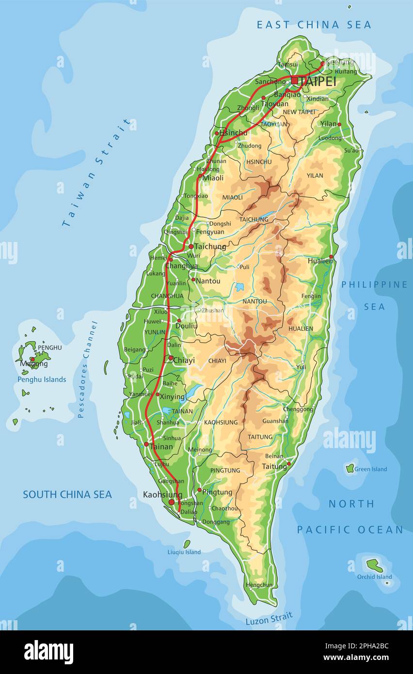 Hochdetaillierte physische Karte Taiwans mit Beschriftung. Stock Vektor
