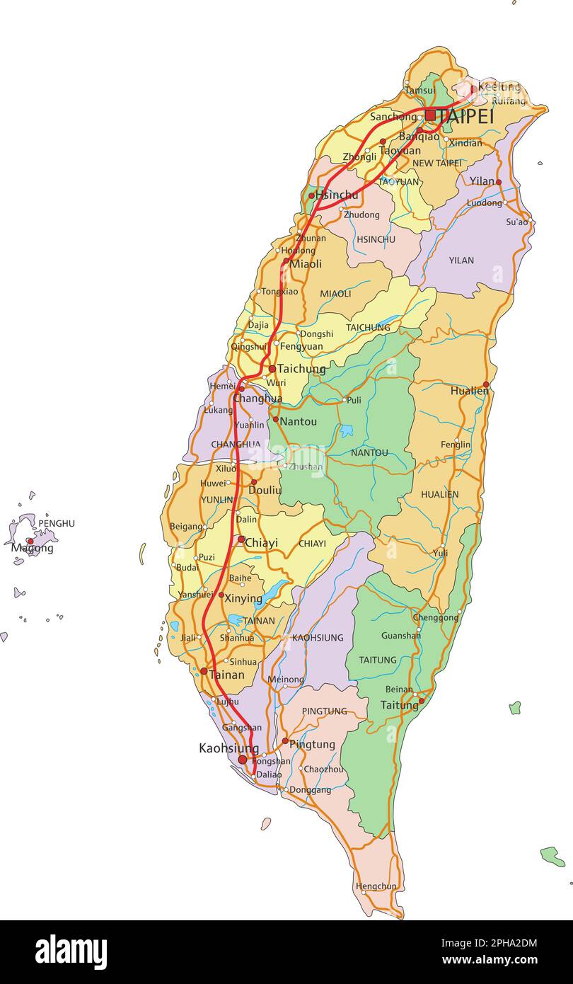 Taiwan - sehr detaillierte, bearbeitbare politische Karte mit Kennzeichnung. Stock Vektor