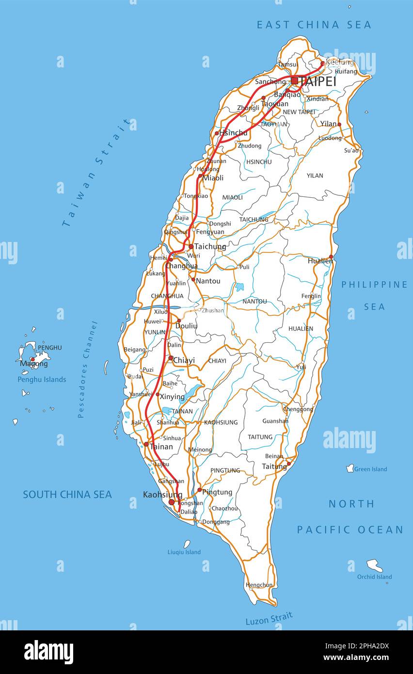 Detaillierte Straßenkarte für Taiwan mit Kennzeichnung. Stock Vektor