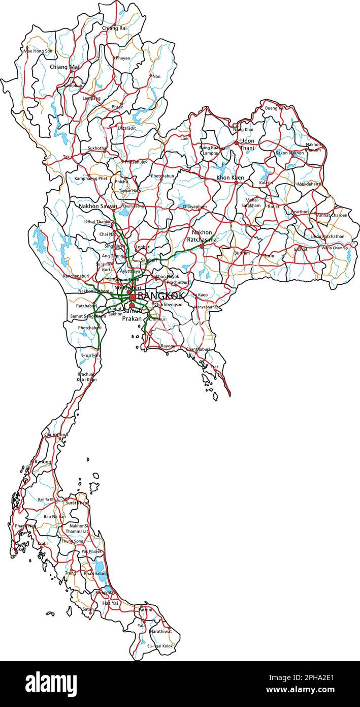 Straßenkarte und Autobahnkarte für Thailand. Vektordarstellung. Stock Vektor