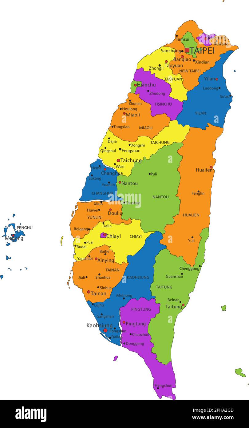 Farbenfrohe politische Karte Taiwans mit klar gekennzeichneten, getrennten Schichten. Vektordarstellung. Stock Vektor