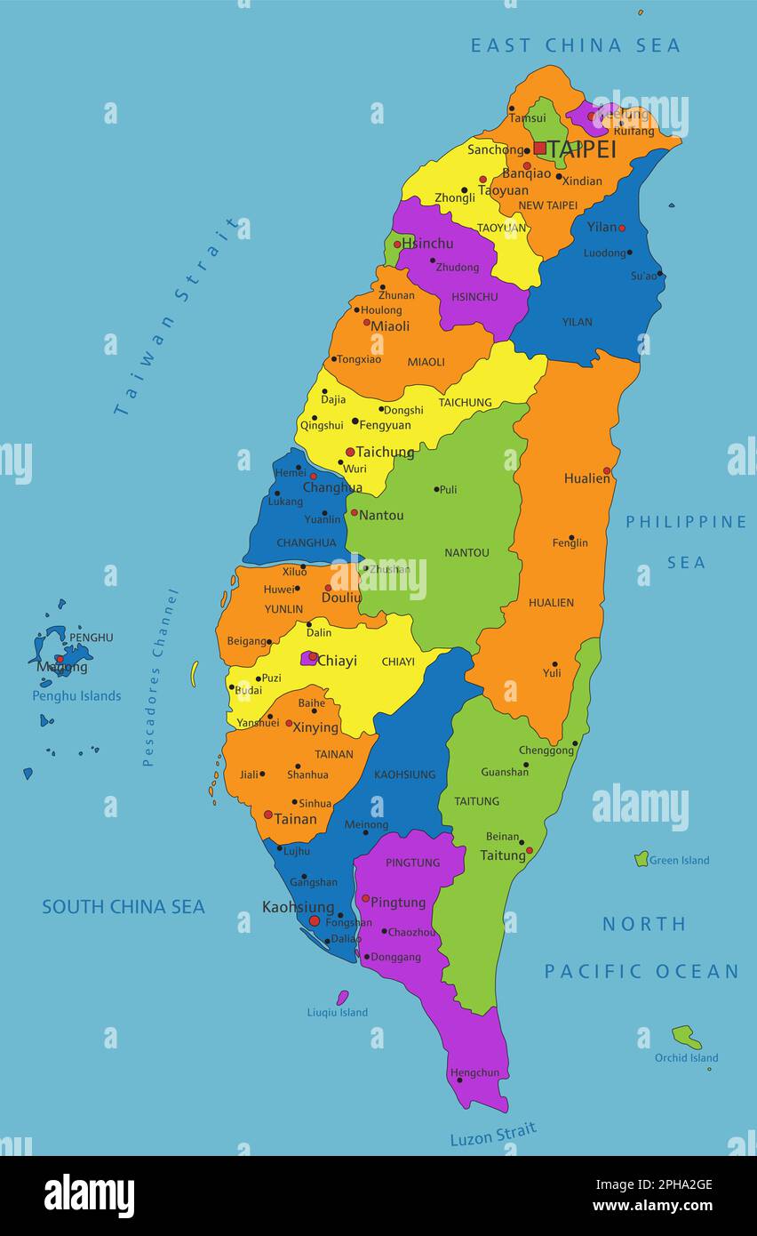 Farbenfrohe politische Karte Taiwans mit klar gekennzeichneten, getrennten Schichten. Vektordarstellung. Stock Vektor