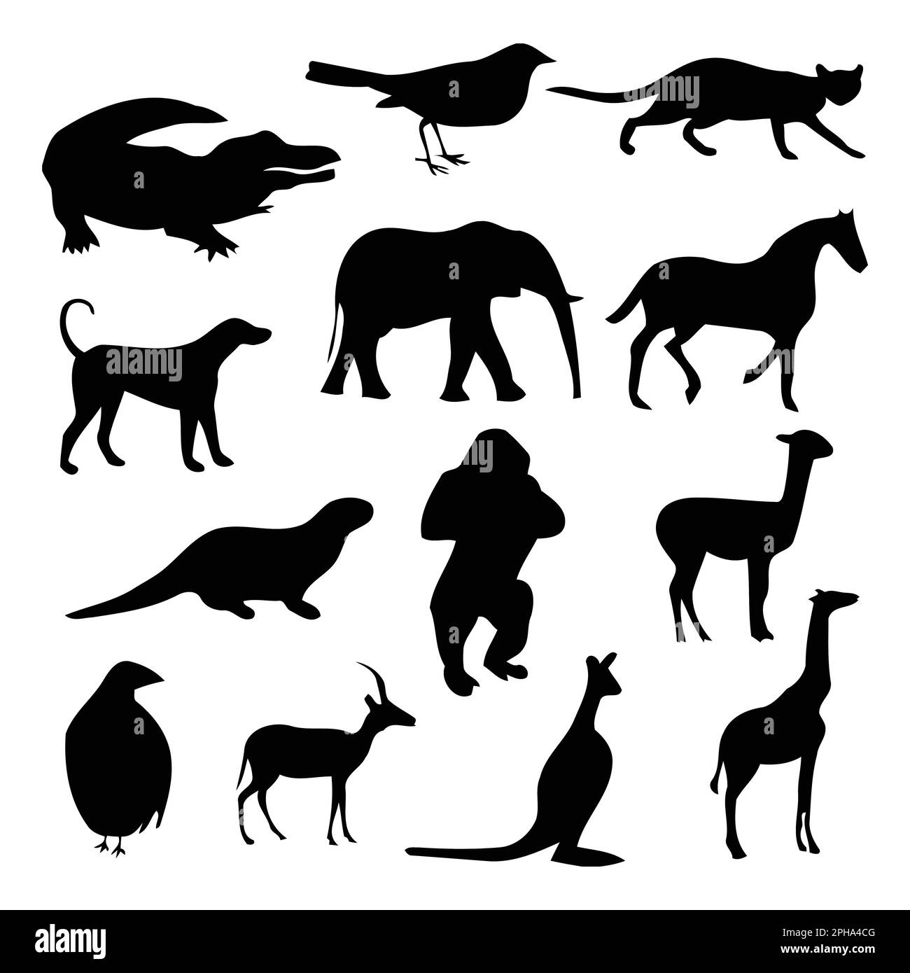 Die schwarzen Silhouetten der Tiere werden auf weißem Hintergrund isoliert dargestellt. Vektordarstellung Stock Vektor
