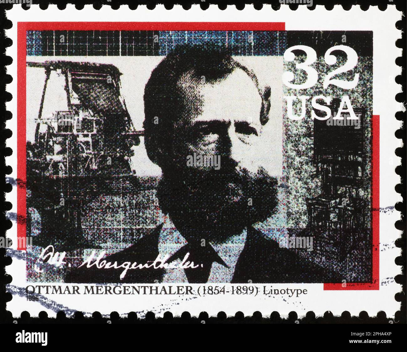 Deutsch-amerikanischer Erfinder Ottmar Mergenthaler auf Briefmarken Stockfoto