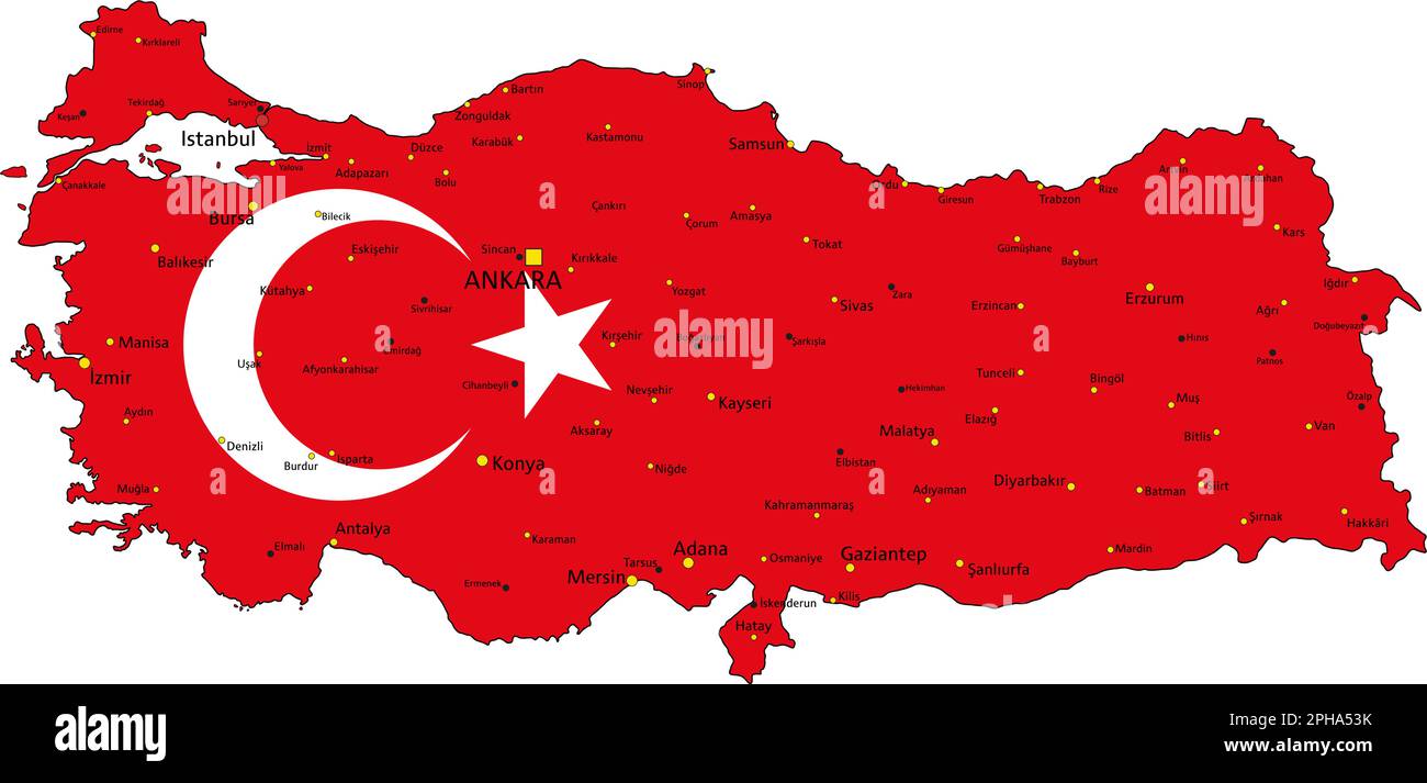 Die Türkei hat eine sehr detaillierte politische Karte mit nationaler Flagge. Stock Vektor