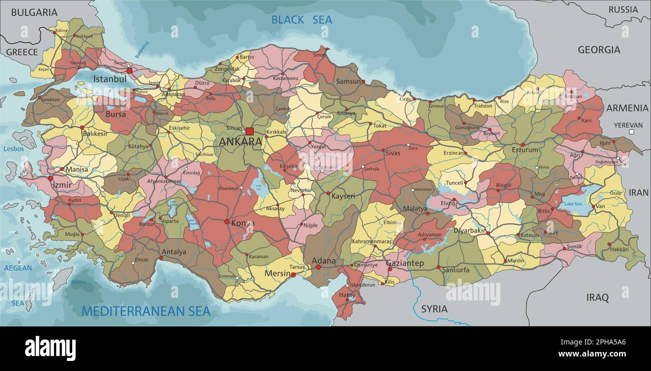 Türkei - sehr detaillierte, bearbeitbare politische Karte mit Kennzeichnung. Stock Vektor