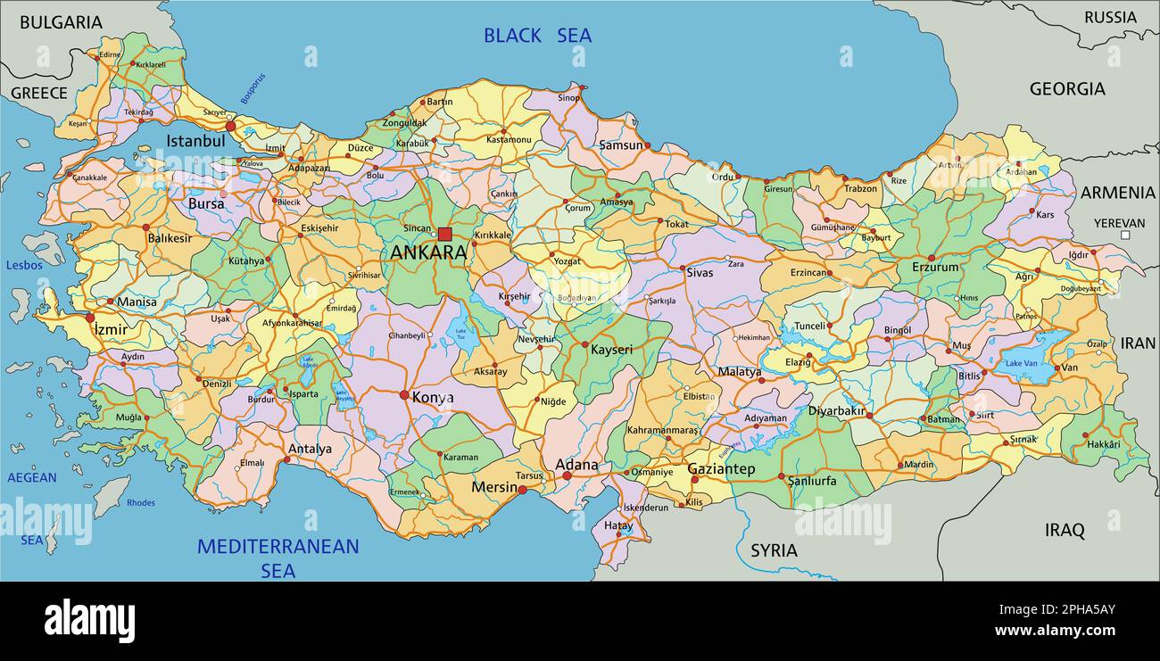 Türkei - sehr detaillierte, bearbeitbare politische Karte mit Kennzeichnung. Stock Vektor