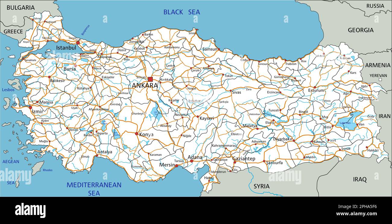 Detaillierte Roadmap für die Türkei mit Kennzeichnung. Stock Vektor