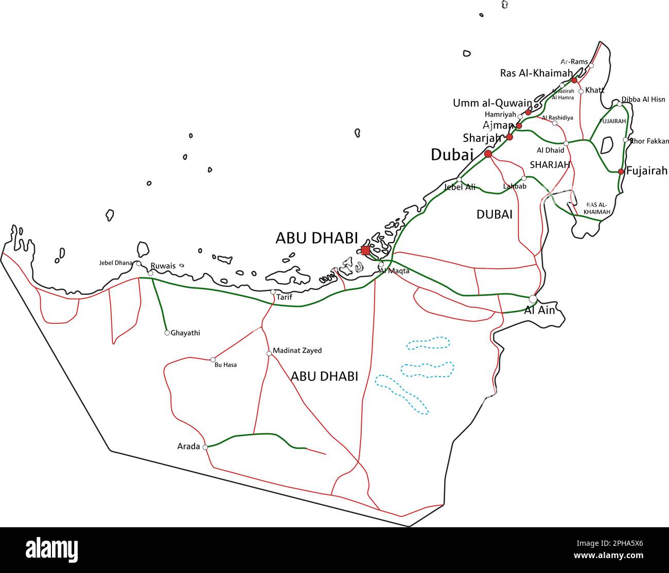 Straßenkarte und Highway-Karte der Vereinigten Arabischen Emirate. Vektordarstellung. Stock Vektor