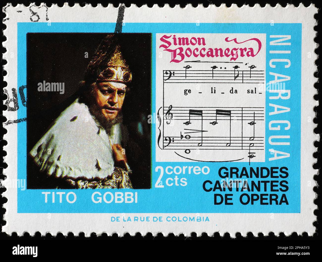 Notenblatt von „Simon Boccanegra“ von Giuseppe Verdi auf Stempel Stockfoto