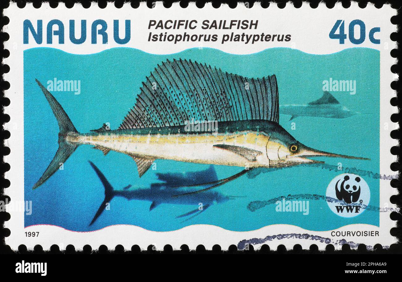 Pazifischer Segelfisch auf Briefmarke von Nauru Stockfoto