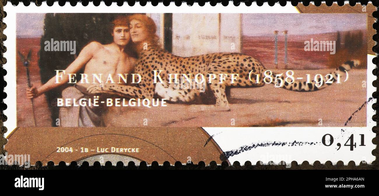 Malerei von Fernand Khnopff auf belgischer Briefmarke Stockfoto