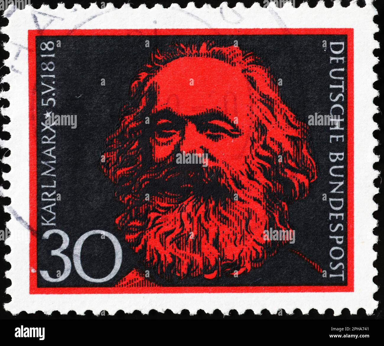 Porträt des Philisophen Karl Marx auf deutschem Stempel Stockfoto