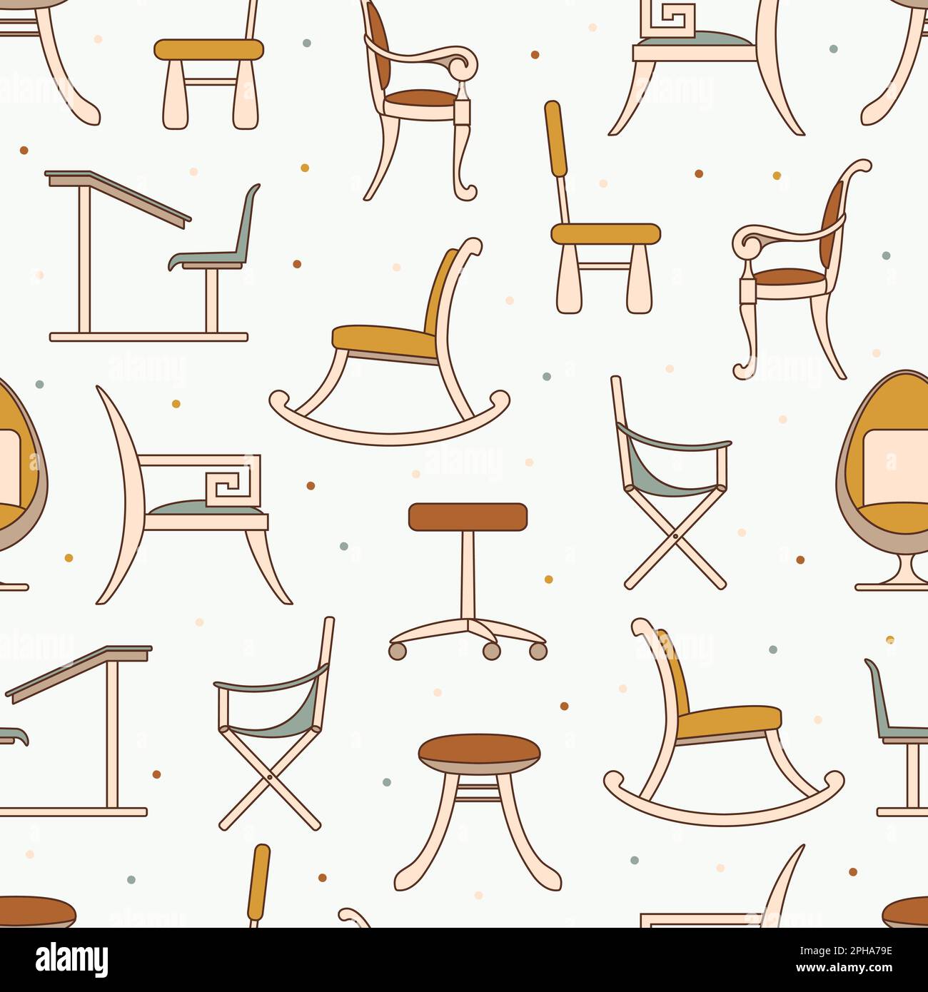Stühle und Sessel mit nahtlosem Muster. Boho-Innenausstattung mit Punkten auf Hintergrund. Verschiedene Arten von Sesseln, Möbeln. Computer, Kinder, Campus Stock Vektor