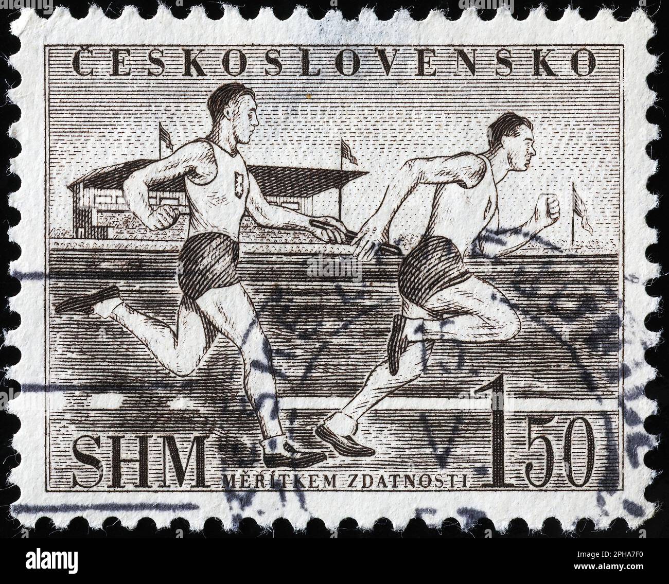 Staffelrennen auf der alten tschechischen Briefmarke Stockfoto