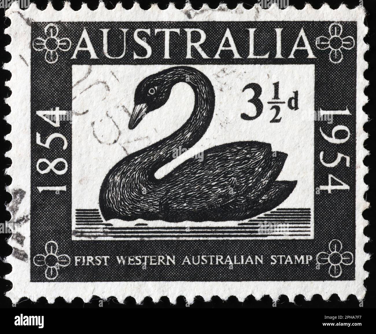 Nachbildung der ersten westaustralischen Briefmarke mit einem schwarzen Schwan Stockfoto