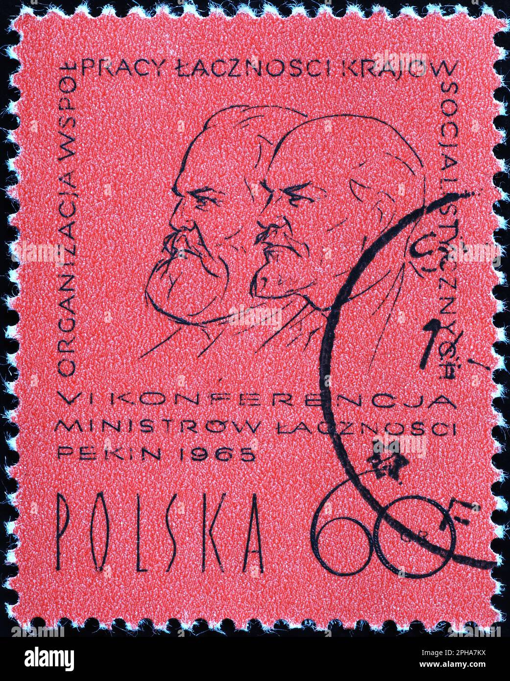 Eine Skizze von Marx und Lenin auf einer alten polnischen Briefmarke Stockfoto