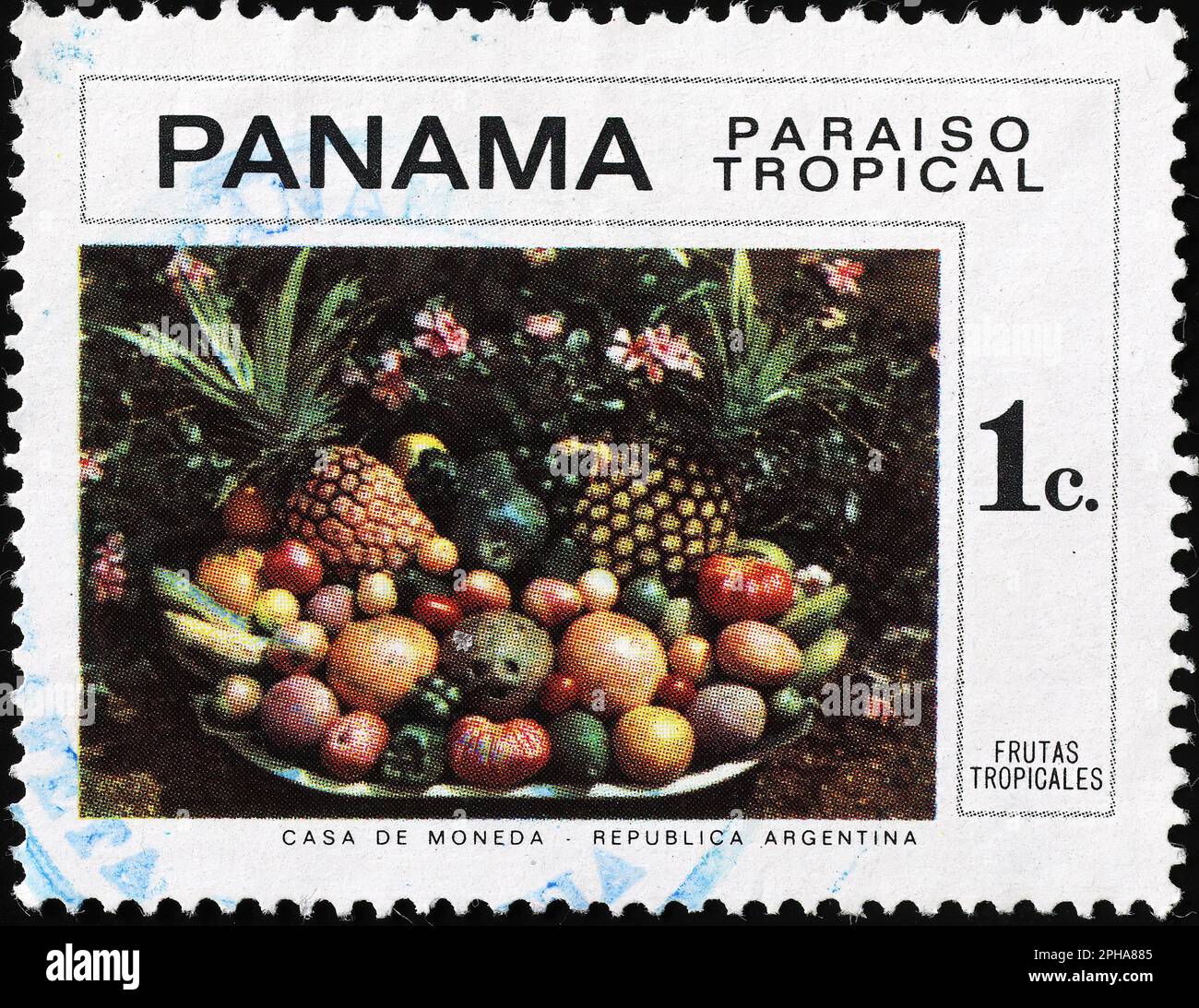 Tropische Früchte auf der Briefmarke von Panama Stockfoto