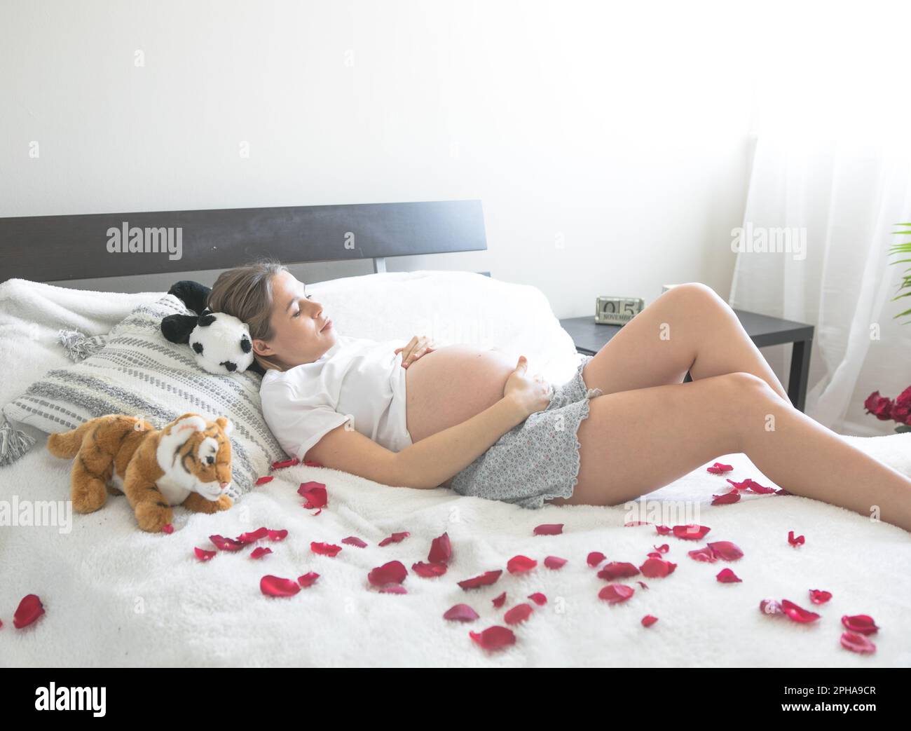 Schwangere im Liegestuhl. Das Konzept von Schwangerschaft, Mutterschaft und  Schwangerenbetreuung. Mom mit einem neuen Leben Stockfotografie - Alamy