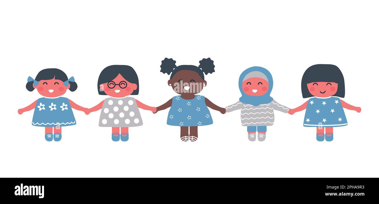 Glückliche kleine Mädchen, die Händchen halten. Konzept zum Internationalen Frauentag. Eine vielfältige Gruppe von Babies Mädchen. Süße Zeichentrickfiguren. Vektordarstellung Stock Vektor