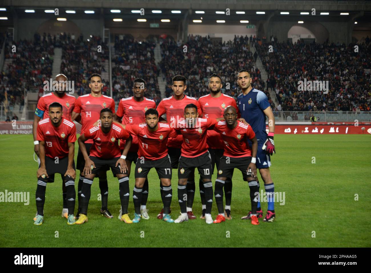 Rades, Tunis, Tunesien. 26. März 2023. Team Libyens während des Spiels Tunesien gegen Libyen am Freitag, den 24. März 2023, im Namen der Qualifikation des African Cup of Nations 2023 im Rades-Stadion. (Kreditbild: © Chohei Mahjoub/ZUMA Press Wire) NUR REDAKTIONELLE VERWENDUNG! Nicht für den kommerziellen GEBRAUCH! Stockfoto