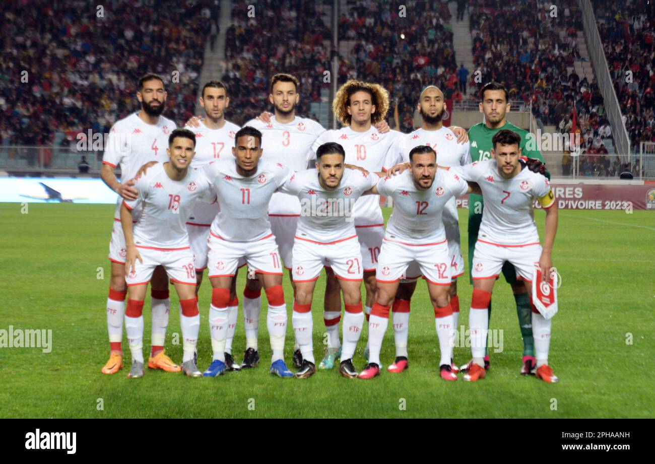 Rades, Tunis, Tunesien. 24. März 2023. Team von Tunesien während des Spiels Tunesien gegen Libyen am Freitag, den 24. März 2023, im Namen der Qualifikation des African Cup of Nations 2023 im Rades-Stadion. (Kreditbild: © Chohei Mahjoub/ZUMA Press Wire) NUR REDAKTIONELLE VERWENDUNG! Nicht für den kommerziellen GEBRAUCH! Stockfoto