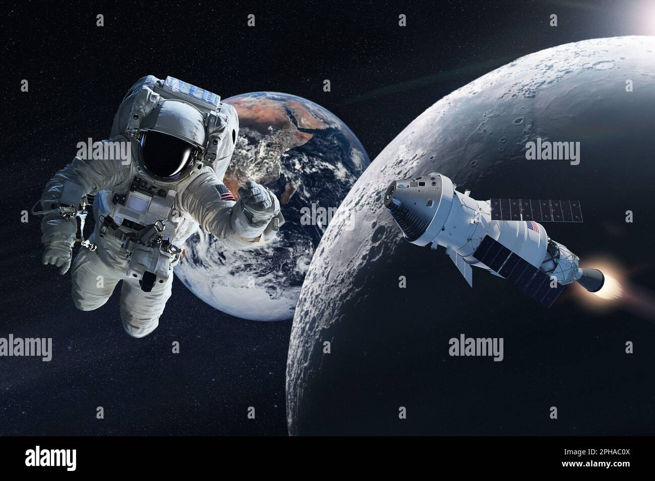 Weltraumkunst mit Astronaut, Mond, Erde und Orion-Raumschiff. Elemente dieses Bildes, bereitgestellt von der NASA. Stockfoto