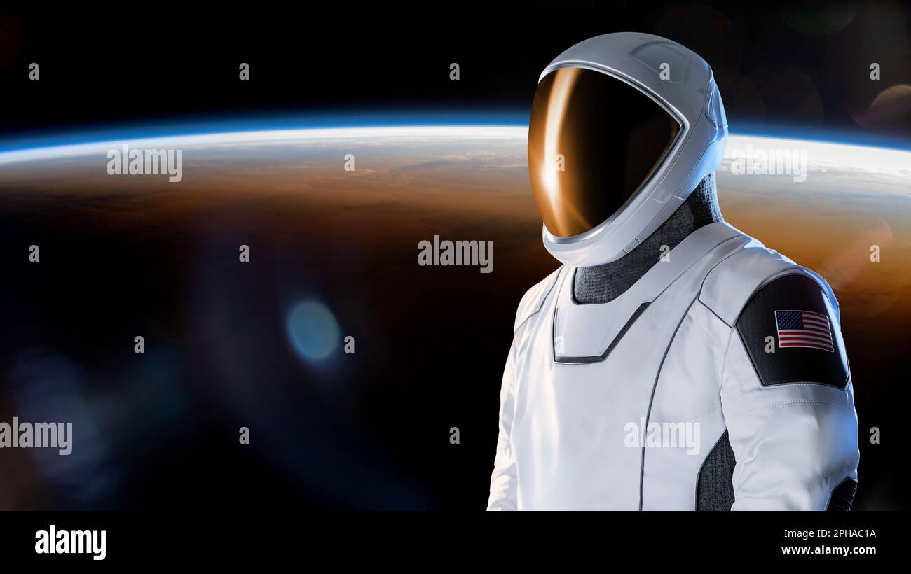 Raumfahrer im Weltraum im Hintergrund des Planeten Erde. Exploration-Thema. Elemente dieses Bildes, bereitgestellt von der NASA. Stockfoto