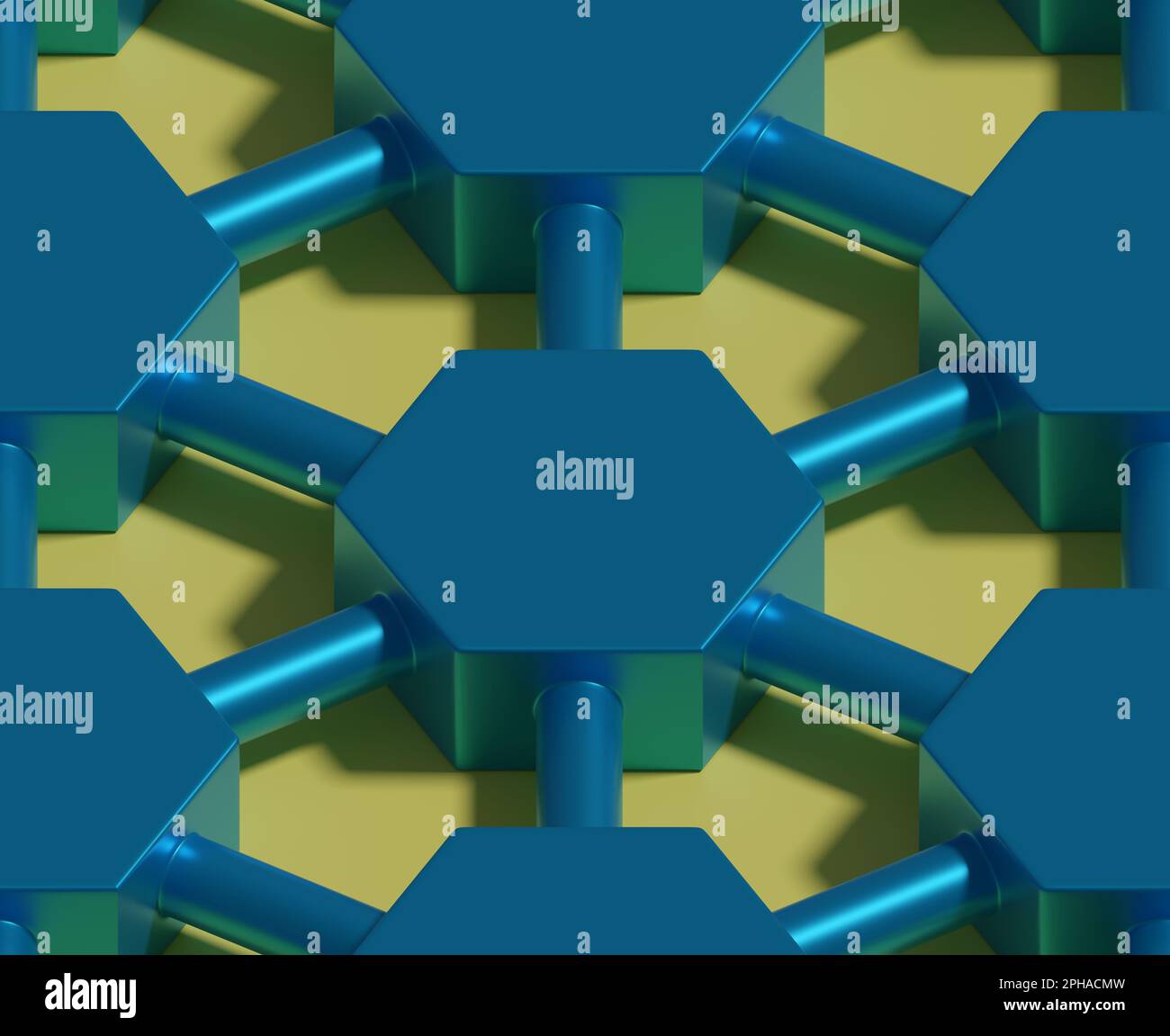 Blaue sechseckige Prismen, die durch nahtlose Rohre miteinander verbunden sind. Isometrischer Hintergrund. 3D Abbildung. Stockfoto