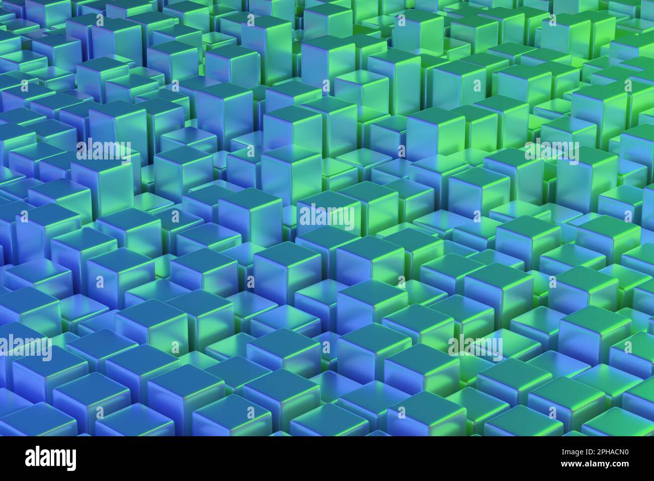 Grüne und blaue viereckige Prismen. Geometrischer Hintergrund. 3D Abbildung. Stockfoto