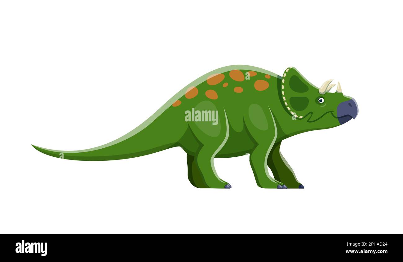 Cartoon Avaceratops Dinosaurier-Figur. Ausgestorbenes Tier, komischer grüner Dinosaurier aus der Jurassic-Zeit mit Hörnern und Nackenschmuck. Prähistorische Kreatur, isolierte ihn Stock Vektor