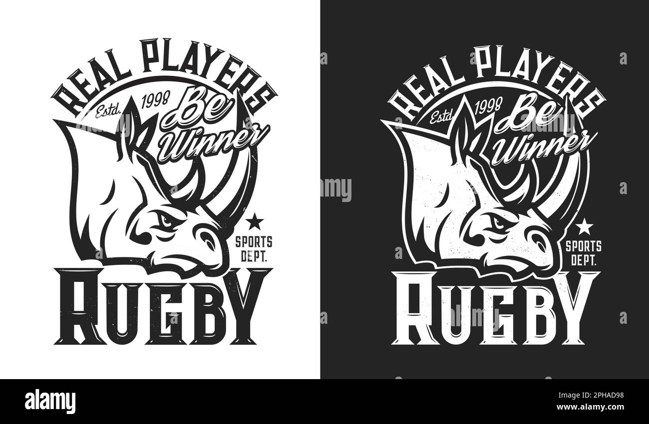 Rhino-Maskottchen, Rugby-Sportverein-T-Shirt-Aufdruck und Vektorlogo der Fußballmannschaft. Angry Rhinoceros Maskottchen-Abzeichen für Rugby-Sportler, Club oder var Stock Vektor