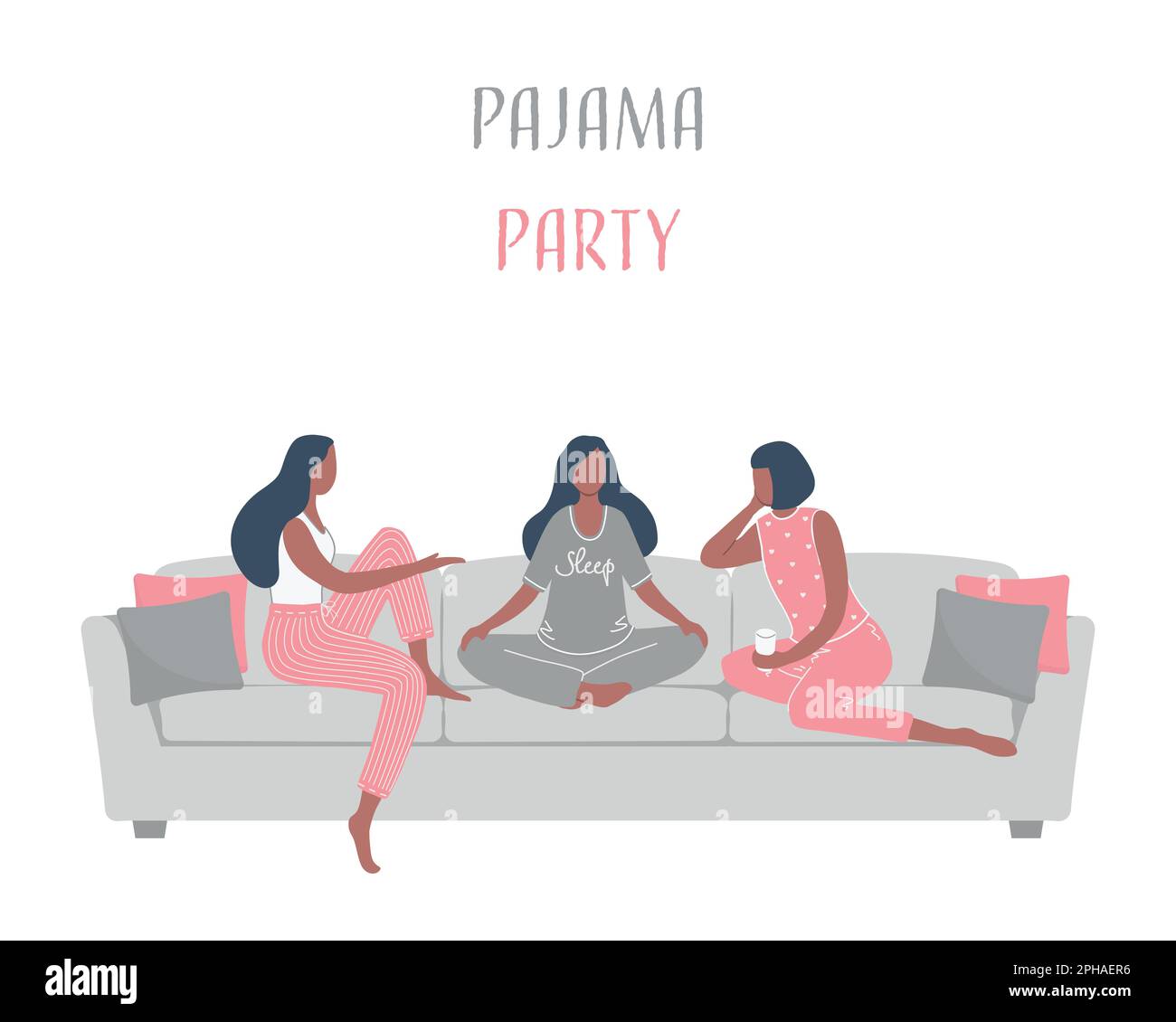 Pyjamaparty. Drei junge Frauen im Schlafanzug sitzen auf der Couch und reden. Vektordarstellung Stock Vektor